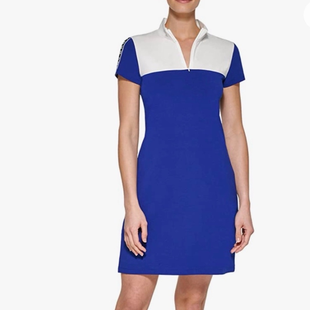 NWT DKNY Women’s Blue & White Colorblock Quarter Zip T-Shirt Dress, Size Large